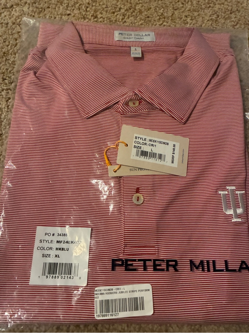 NWT Peter Millar Men's Indiana Jubilee Stripe Performance Polo - Crimson L